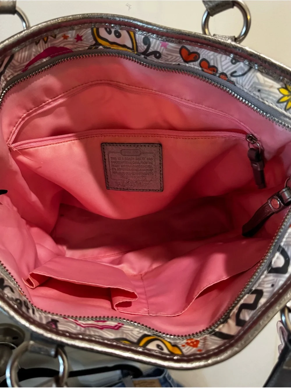 Coach Poppy Metallic Silver Tote with Pink Accent and Butterfly Print
